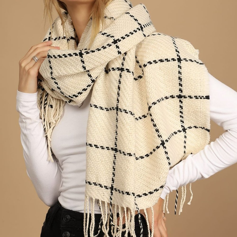 Black and Beige Plaid Scarf / New with Tags